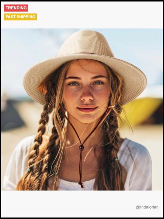 Straw Sun Hat Wide Brim Bucket Fedora with Chin Strap UPF 50+ main image 4